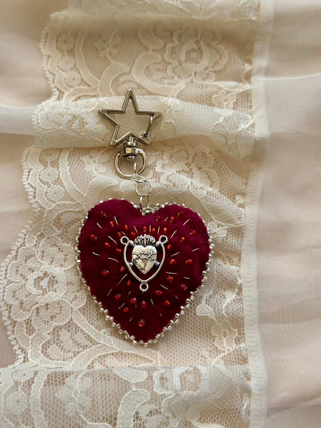 Heart-shaped pendant with star charm on a lace background