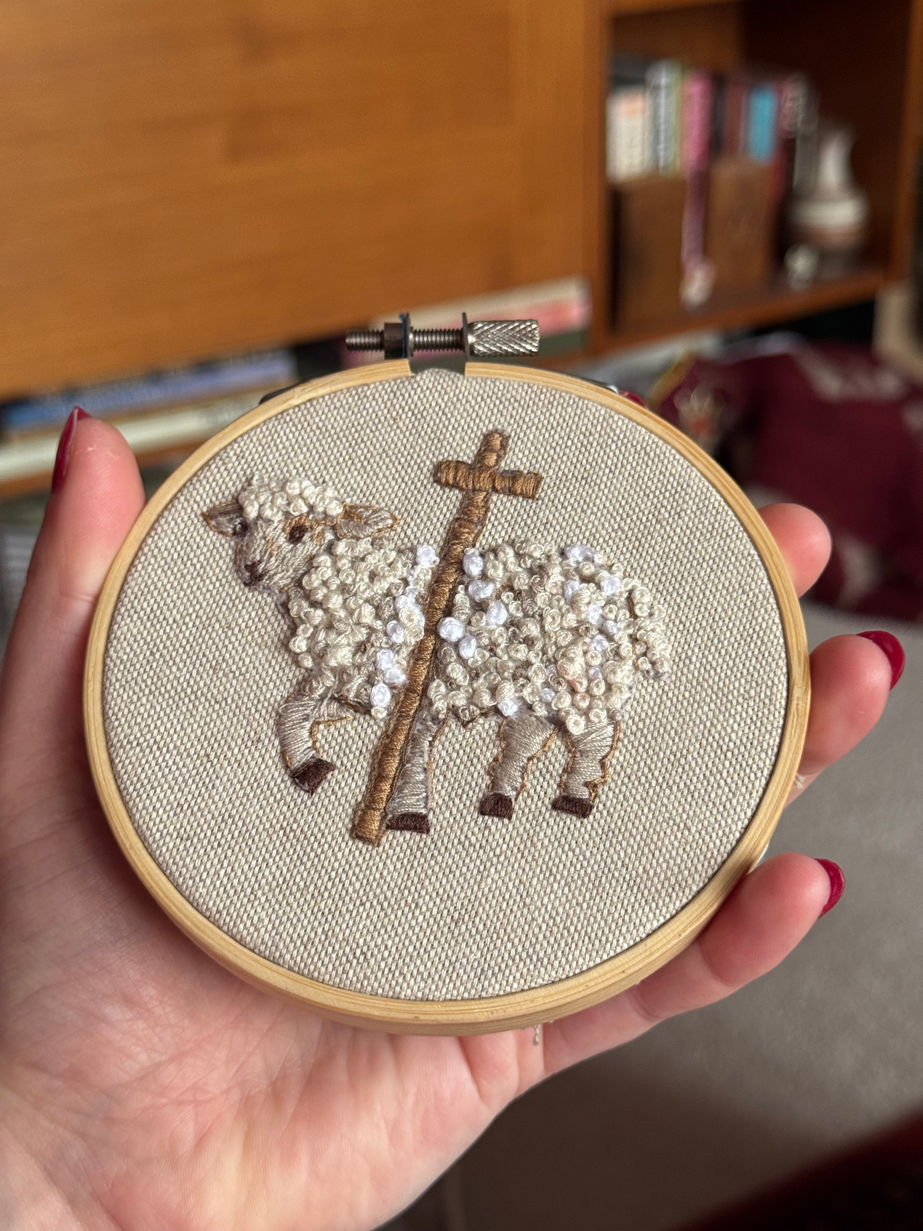 Agnus Dei Hand Embroidered Lamb Textile Art