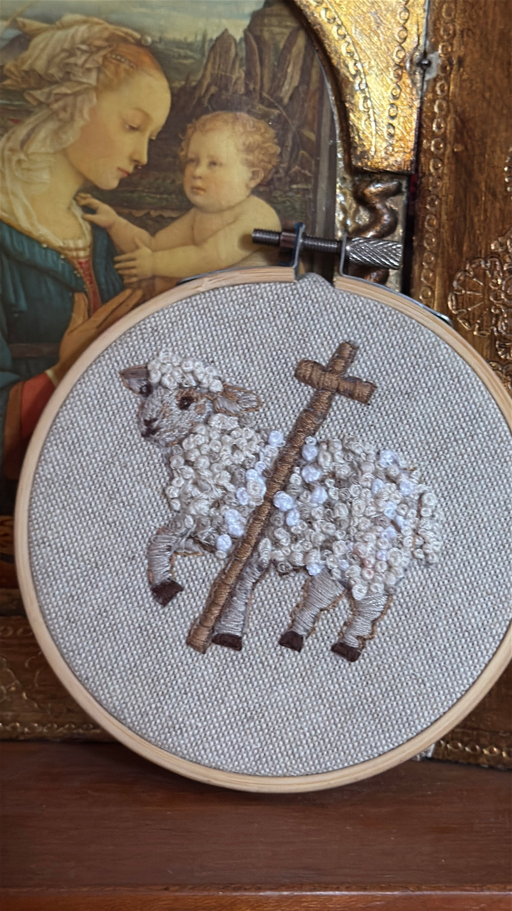 Agnus Dei Hand Embroidered Lamb Textile Art