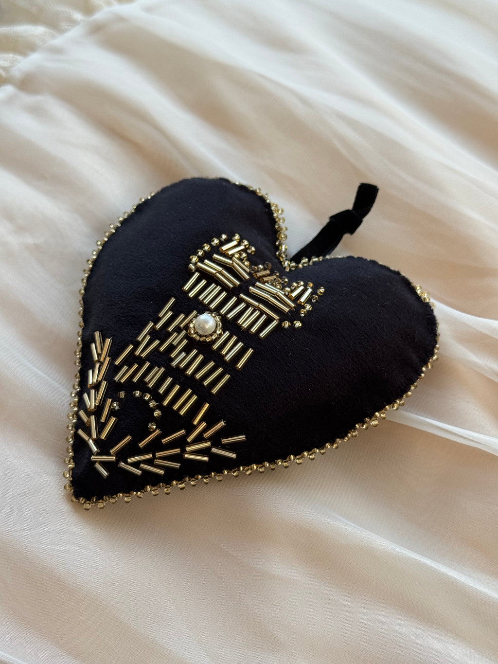 Girdle of Venus embroidered black velvet heart ornament with gold beaded tower and wheat medieval symbols