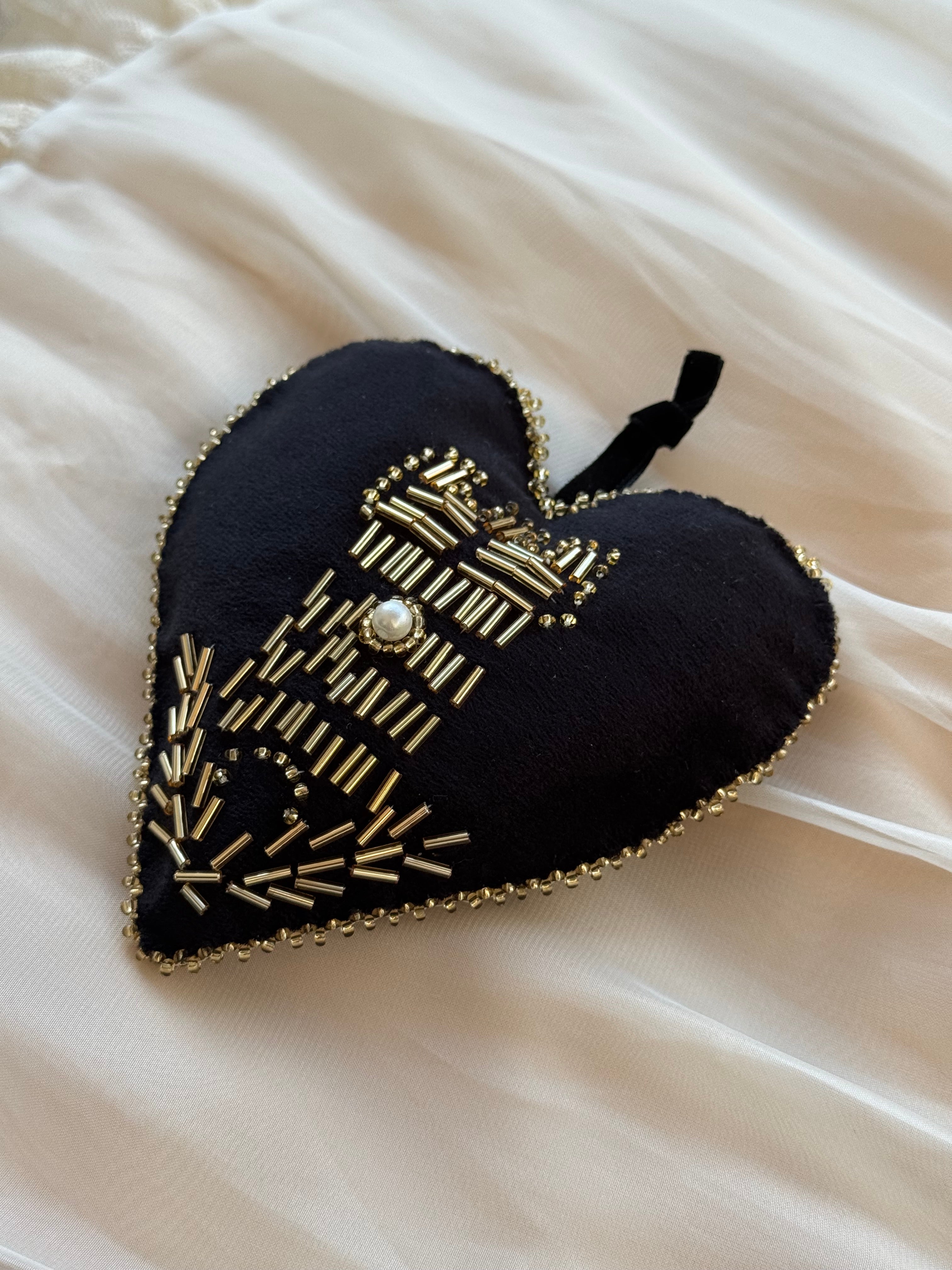 Girdle of Venus embroidered black velvet heart ornament with gold beaded tower and wheat medieval symbols