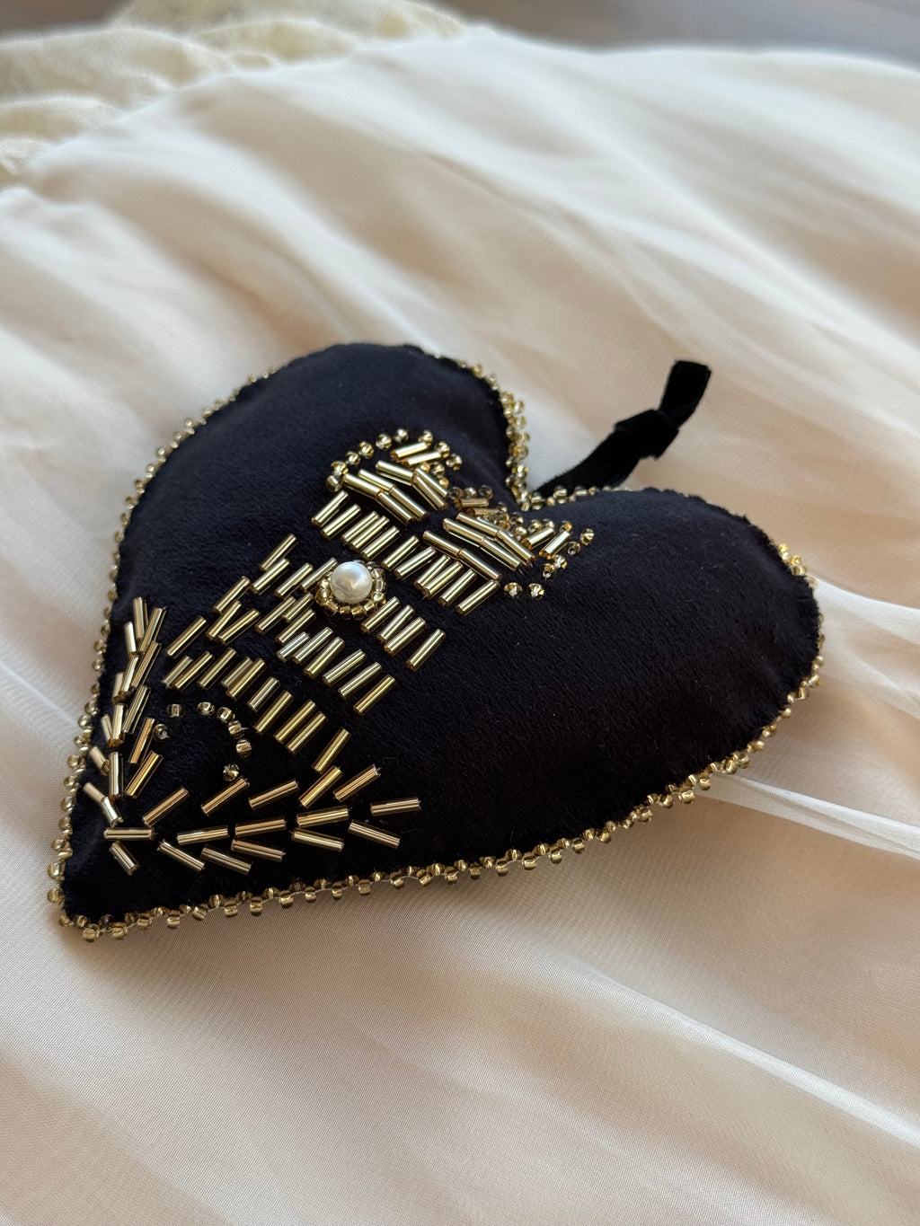 Girdle of Venus embroidered black velvet heart ornament with gold beaded tower and wheat medieval symbols