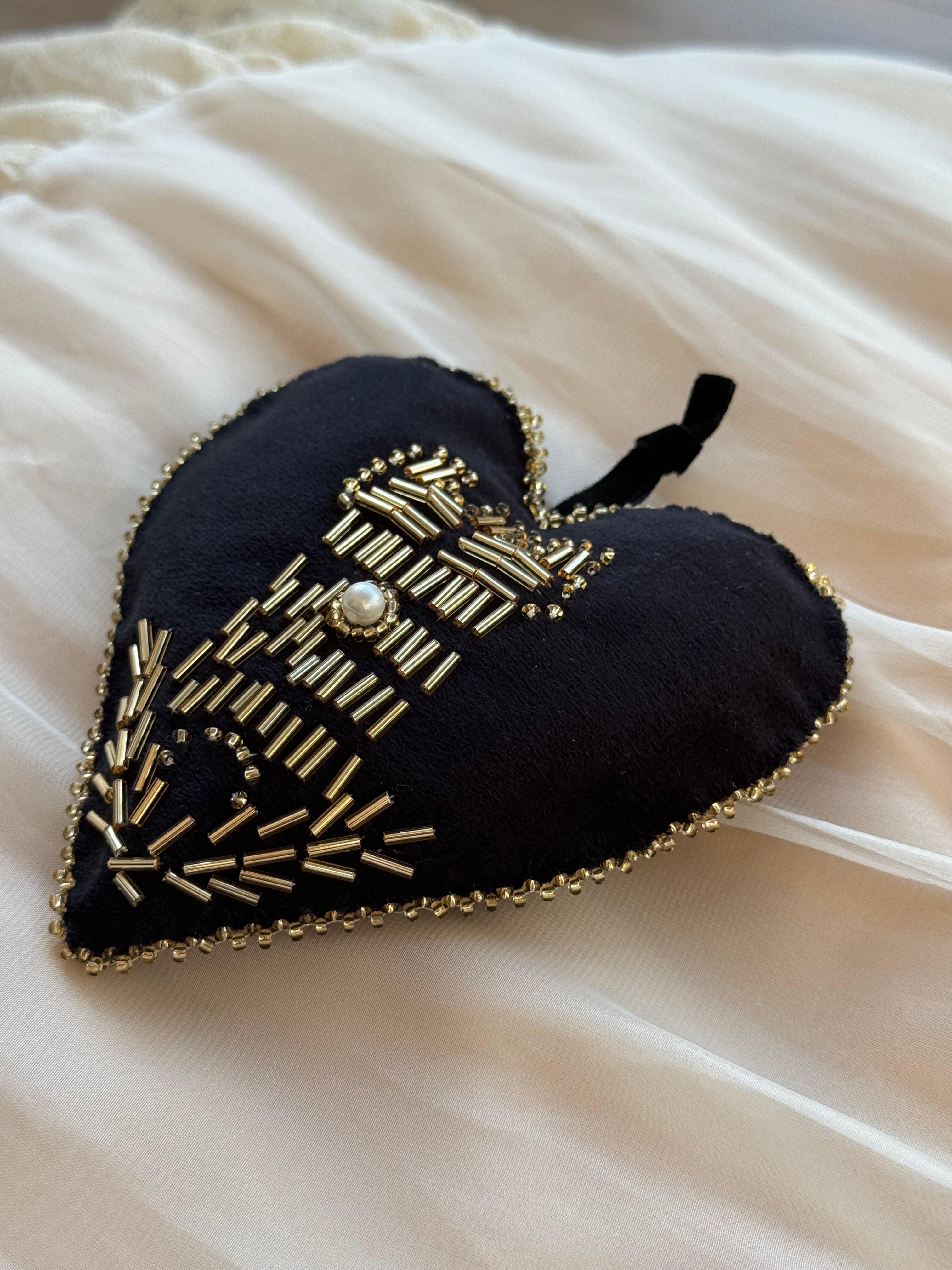 Girdle of Venus embroidered black velvet heart ornament with gold beaded tower and wheat medieval symbols