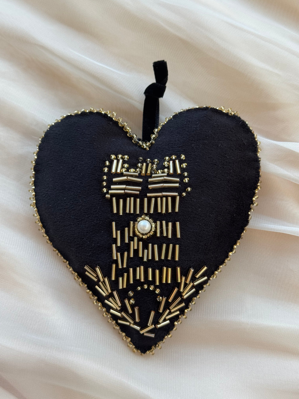 Girdle of Venus embroidered black velvet heart ornament with gold beaded tower and wheat medieval symbols