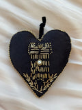 Girdle of Venus embroidered black velvet heart ornament with gold beaded tower and wheat medieval symbols