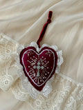 Decorative heart ornament with lace details on a lace background